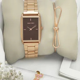JOKER & WITCH Women Rose Gold Toned & Brown Analogue Watch With Bracelet And Ring Gift Set-image-11