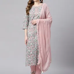 Divena Women Blue Floral Printed Regular Gotta Patti Pure Cotton Kurta with Trousers & With Dupatta-image-88