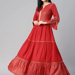 MBE Women Red & Golden Ethnic Motifs Printed Flared Sleeves Gotta Patti Anarkali Kurta-image-18