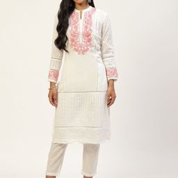 MISRI Women White Ethnic Motifs Embroidered Lace Detail Kurta With Trousers-image-9