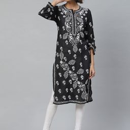 ADA Women Black & White Chikankari Embroidered Straight Sustainable Handloom Kurta-image-84