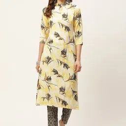 VAABA Women Yellow & Taupe Ethnic Motifs Printed Kurta with Trousers-picture-14