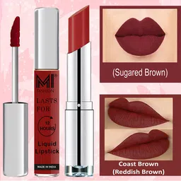 MI FASHION Set Of 2 Satin Finish 12Hrs Liquid Lipsticks - Coast Brown11, Sugared Brown02-25