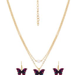 Yellow Chimes Gold-Plated Purple Pearl Beaded Enamelled Butterfly-Shaped Jewellery Set-image-75