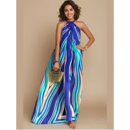 WomanLikeU Blue Azure Waves Print Halter-Neck Maxi Dress-picture-31