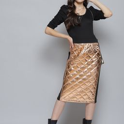 SASSAFRAS Women Copper & Black Quilted Metallic Pencil Skirt-image-55