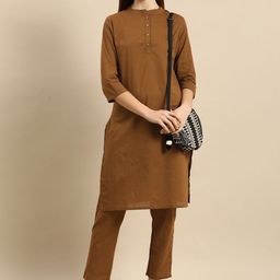 Anouk Women Brown Solid Regular Pure Cotton Kurta with Trousers-image-84