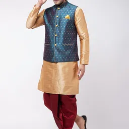 VASTRAMAY Men Rose Gold Layered Kurta with Dhoti Pants With Nehru Jacket image 4