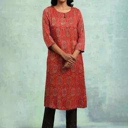 W The Folksong Collection Red Black Ethnic Motifs Printed Keyhole Neck Kurta-image-62