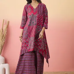 Sangria Printed Cotton V Neck Kurta With Palazzos-image-78