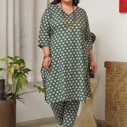 NANGALIA RUCHIRA Plus Size Ethnic Motifs Printed Pure Cotton Kurta With Trousers-13