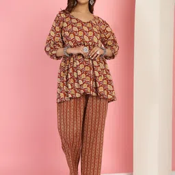 TAG 7 Floral Printed V-Neck Bishop Sleeves Pure Cotton Tunic With Trousers-picture-44