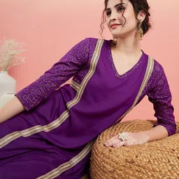 Sangria Violet V-Neck A-Line Kurta With Trouser Set-image-11