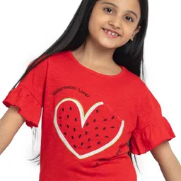 UNDER FOURTEEN ONLY Girls Red Print Bell Sleeves Pure Cotton Top-56