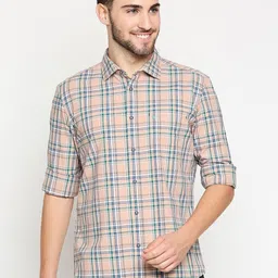 Basics Men Peach-Coloured Pure Cotton Slim Fit Tartan Checked Casual Shirt-8