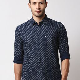 Basics Men Navy Blue Slim Fit Puzzle Print Casual Shirt-image-5
