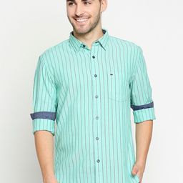 Basics Men Sea Green & Grey Pure Cotton Slim Fit Striped Casual Shirt-image-31