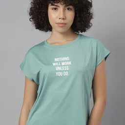 MKH Women Green Typography Printed Extended Sleeves Dri-FIT Raw Edge T-shirt-image-85