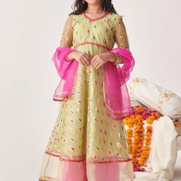 pspeaches Girls Floral Printed Regular Thread Work Kurta Palazzos With Dupatta-picture-2