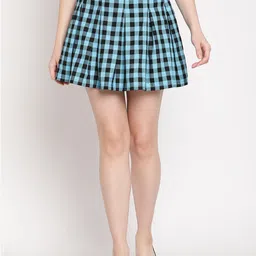 TAG 7 Women Blue And Black Checked Printed Pleated Knee-Length Skirt-28