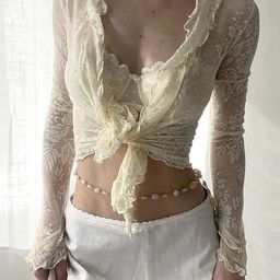 LULU & SKY Self Design Scoop Neck Fitted Sheer-lace Knotty Blouse-image-10