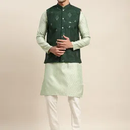 SOJANYA Men Green Ethnic Motifs Woven Design Kurta & Churidar Comes With a Nehru Jacket-image-70