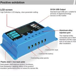 Skypearll Solar Charge Controller 30A, 12V/24V Intelligent Battery Regulator for Lead Acid & Lithium Battery with LCD Display with 3A USB Port (30 AMPERE – Sky Blue) image 5