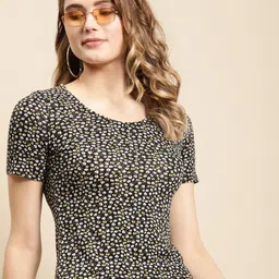 COVER STORY Women Black Ditsy Floral Printed Cotton Spandex T-shirt-image-33