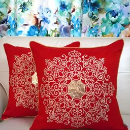 TARA- Sparkling Homes Red & White Set of 2 Embroidered Square Cushion Covers-24