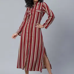 plusS Classy Maroon and Off-White Striped Shirt Dress-image-77