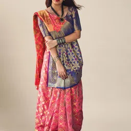 MS RETAIL Pink & Blue Ethnic Motifs Zari Silk Blend Patola Saree-picture-21