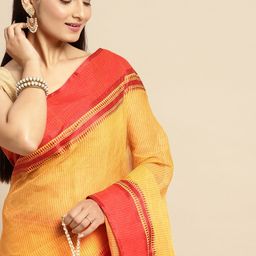 DESH BIDESH Yellow & Orange Woven Design Pure Cotton Taant Saree-image-5
