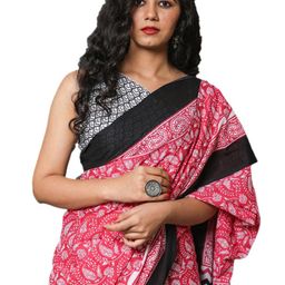 JALTHER Pink & Black Ethnic Motifs Pure Cotton Block Print Saree-69