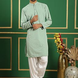 Jompers Ethnic Motifs Embroidered Mandarin Collar Sequinned Pure Cotton Kurta with Salwar-image-86