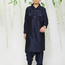 KID1 Boys Shirt Collar Pathani Long Sleeve Silk Blend Kurta Set-28