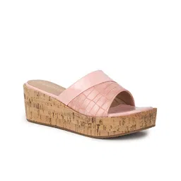 VALIOSAA Pink Textured Flatform Sandals 2 Inch Heels-image-74