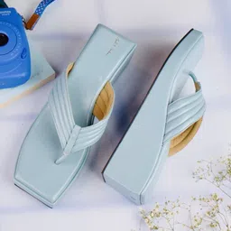 Mast & Harbour Blue Textured Suede Open Toe Wedges-48