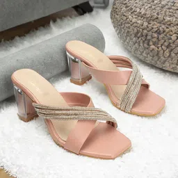 DressBerry Nude-Coloured Embellished Open Toe Block Heels-13