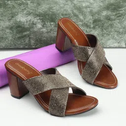 DressBerry Silver-Toned Embellished Open Toe Block Heels-44