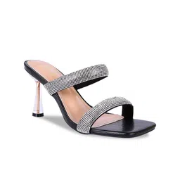 London Rag Women Black Embellished PU Party Kitten Heel Sandals-2