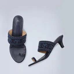 W Navy Blue Embellished Ethnic Kitten Sandals-image-67