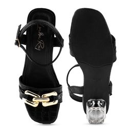 London Rag Black Embellished PU Party Block Heel with Buckles image 3