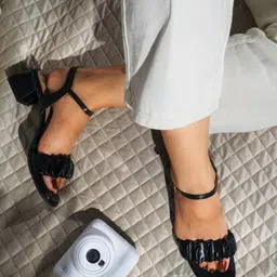 THE WHITE POLE Ruched Open Toe Party Block Heels With Buckle Closure image 4