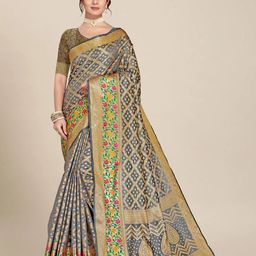 MS RETAIL Grey & Gold-Toned Woven Design Zari Organza Banarasi Saree-image-33