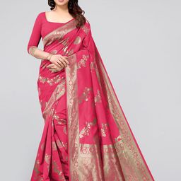 KALINI Pink & Gold-Toned Woven Design Zari Silk Blend Banarasi Saree-20