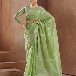 elora Green & Gold-Toned Woven Design Zari Silk Blend Banarasi Saree-image-78