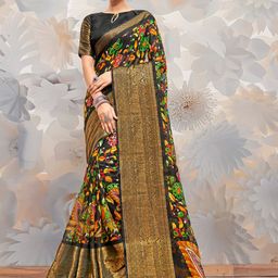 Anouk Black & Green Kalamkari Printed Zari Banarasi Saree-picture-30