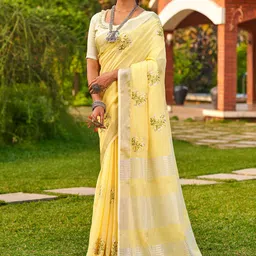 Mitera Floral Embroidered Zari Linen Blend Banarasi Saree-25