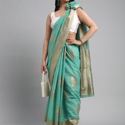 Mitera Turquoise Floral Woven Design Zari Banarasi Saree-image-79
