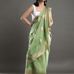 Mitera Green & Gold-Toned Ethnic Motifs Woven Design Zari Banarasi Saree-image-28